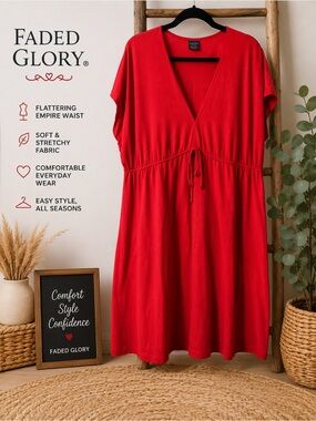 Faded Glory Orange Empire Waist Midi Dress XXL 20 V-Neck Stretch Casual